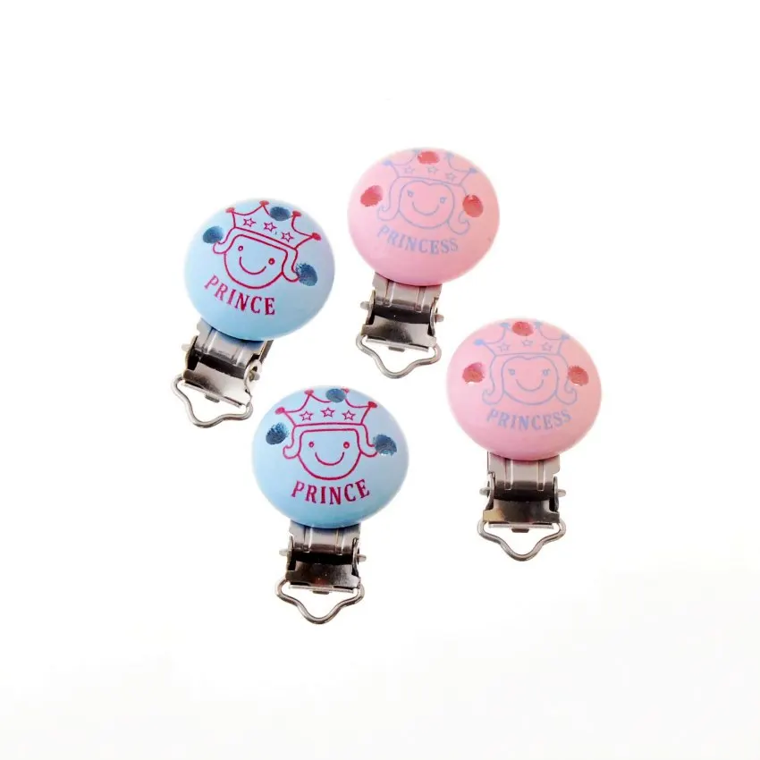 

5PCs Baby Pacifier Clips Lovely Prince Princess Pattern White Wood Metal Holders Cute Infant Soother Clasps Funny Accessories