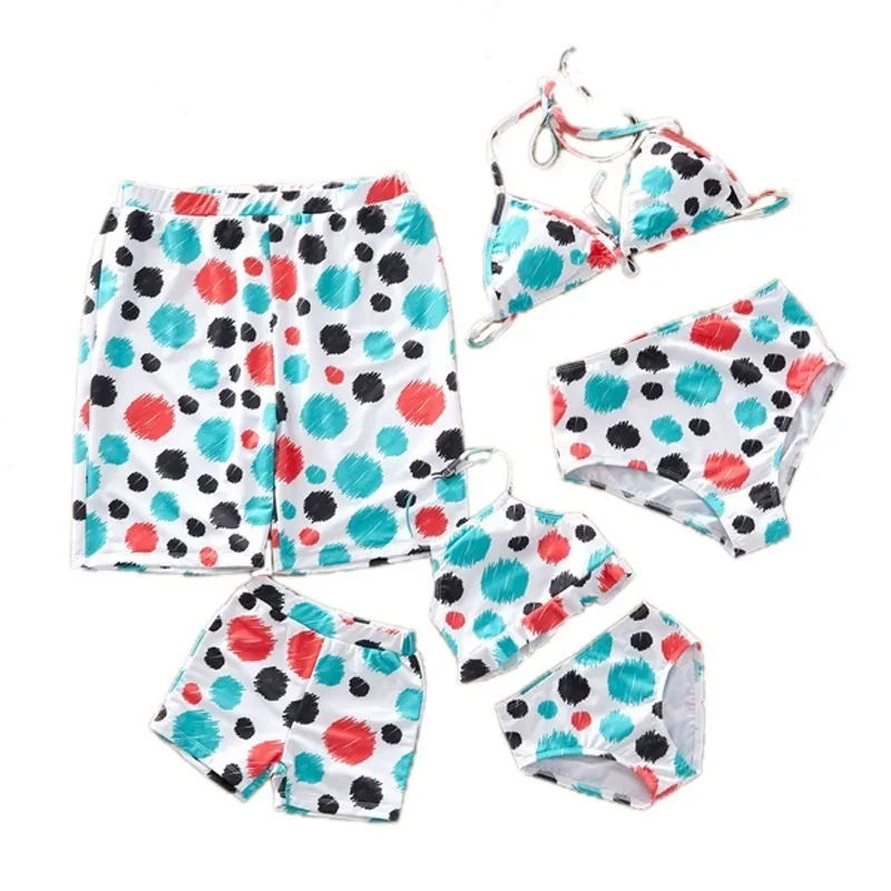 

Family Matching Clothes Outfits Swimwear Mother Daughter Dad Son Briefs Dot Swimsuit Bikini Swimming Suit Women Maio Monokini