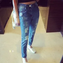 Дамы пят проблемные denim шаровары все матч тенденции моды свободно случайные разорвал сломанной отверстие гарем джинсы для женщин