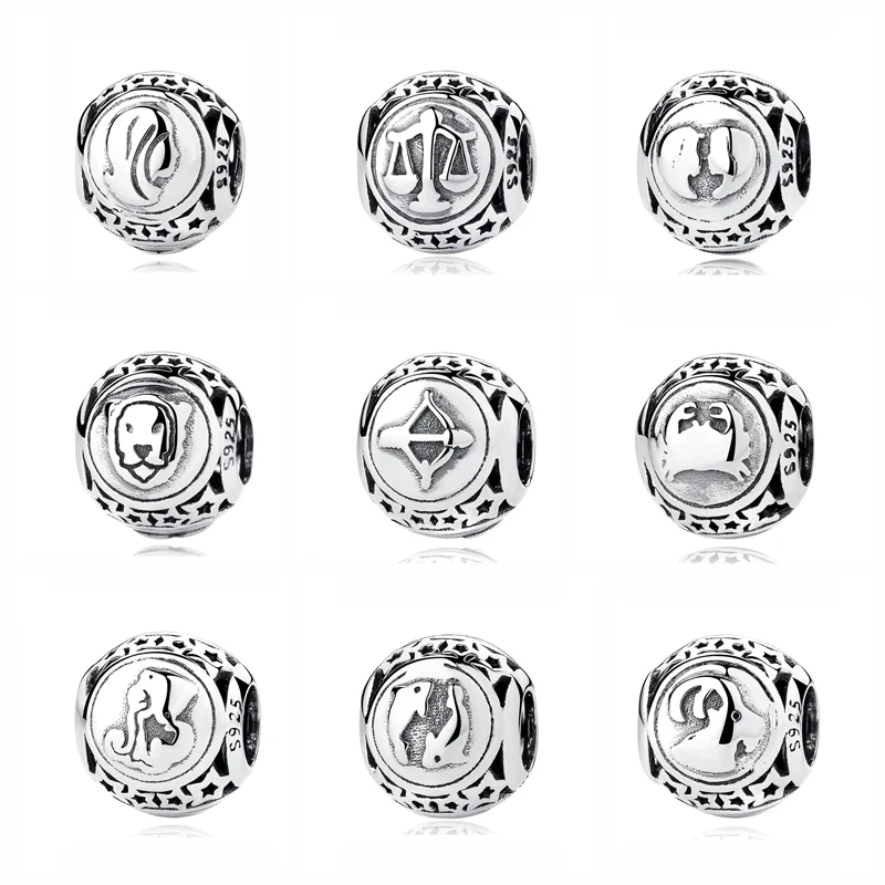 Original 925 Sterling Silver Bead Charm Libra Leo Star Sign Charms 12