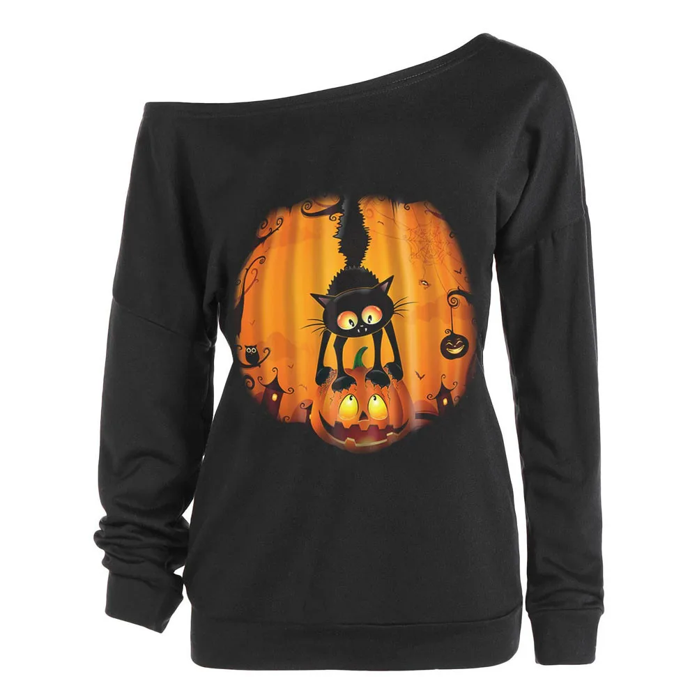

Women Sweatshirts Halloween Pumpkin Face Print Off Shoulder Long Sleeve Pullovers Autumn Winter Top Lady Sweatshirt 0813