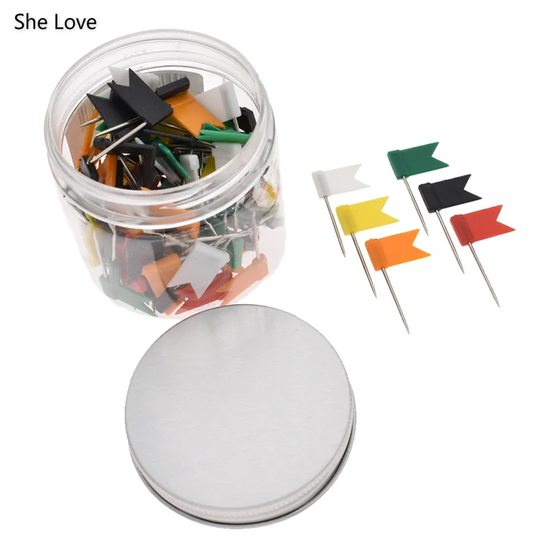 

She Love 100Pcs Flag Pins Marker Patchwork Sewing Pin With Round Box DIY Sewing Needle Pins Quilting Tool Sewing Accessories