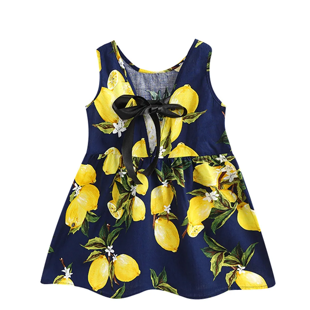 

Strap with lemon print cute lady Toddler Baby Kids Girls Sleeveless Lemon Fruit Princess Dresses Clothes F5