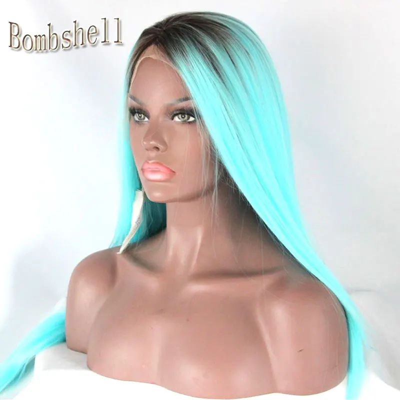 

Bombshell Black Roots Ombre Light Blue Silky Straight Synthetic Lace Front Wig High Temperature Heat Resistant For White Women