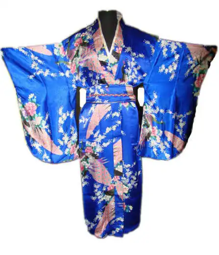 Черное винтажное японское женское шелковое атласное кимоно юката вечернее платье Peafowl один размер H0030 - Цвет: Синий
