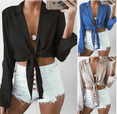 

Chiffon Blouse 2019 Women's Deep V-neck Strings Bandage Lace Up Chiffon Shirts Lady Long Sleeve Fashion Summer Tops