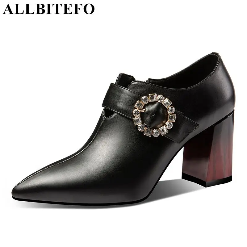 

ALLBITEFO brand genuine leather women shoes high heels shoes square heel office formal sexy fashion zip spring ladies shoes