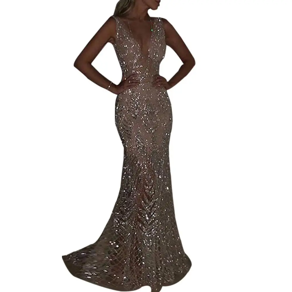 

2019 New Yfashion Women Sexy Deep V Sleeveless Sequins Slim Party Dress