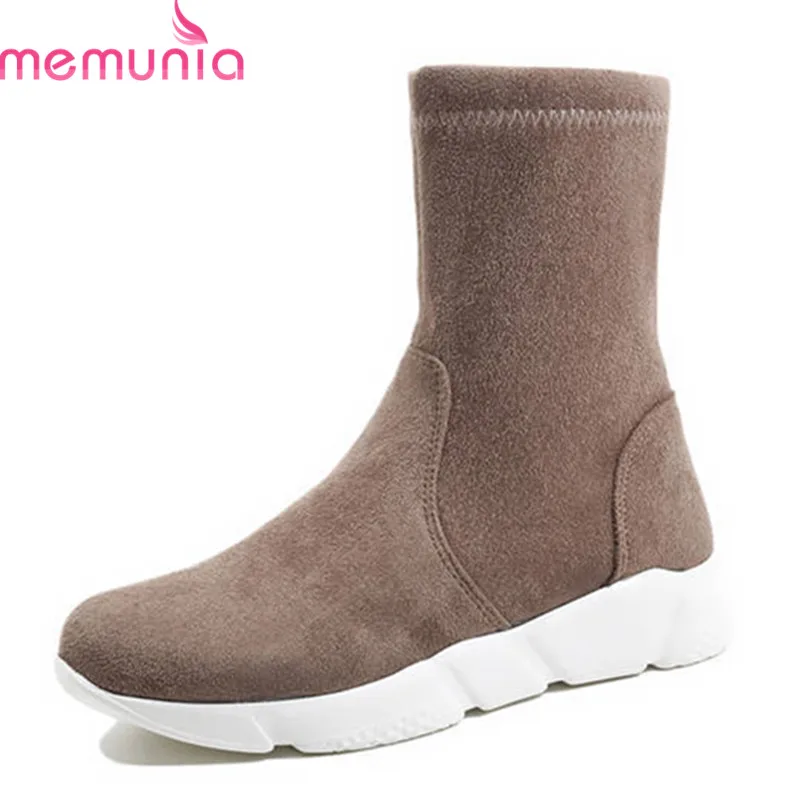 

MEMUNIA 2018 new arrival flock autumn boots women round toe slip on ankle boots comfortable casual flat shoes woman