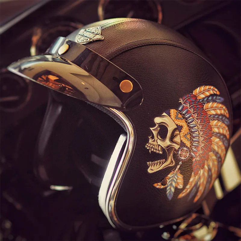 

3/4 open face half motorcycle helmet vintage retro harley leather helmets the Indians and broken skull scooter moto