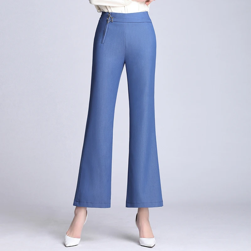 

Flare pants for women casual capris female elastic waist blue new fashion spring autumn slimming high waist trousers ysy0901
