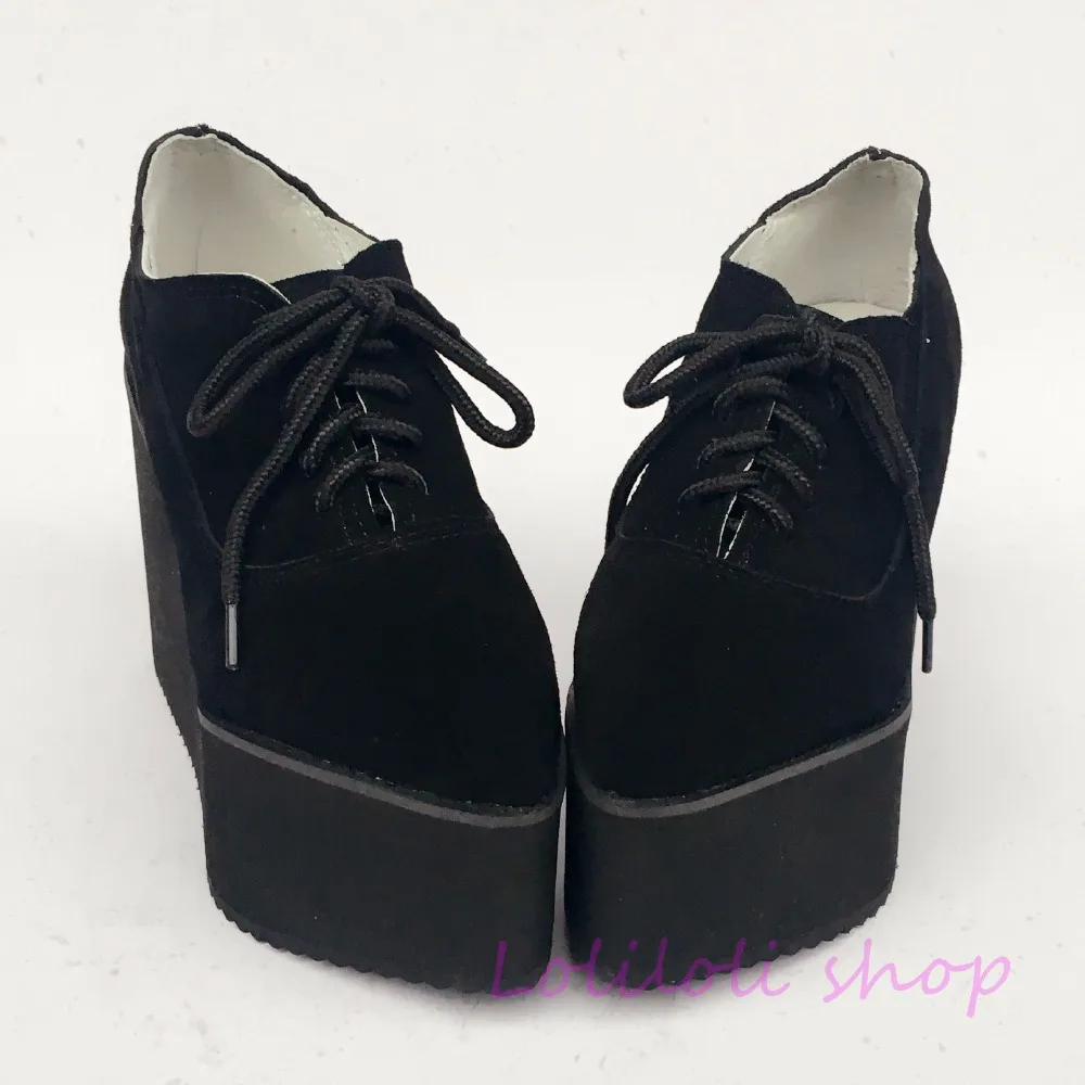 Princess sweet lolita shoes loliloli yoyo Japanese design custom black lace-up flock wedges genuine leather shoes  4174s