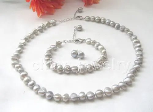 

17-19" 8-9mm gray baroque freshwater pearl necklace + bracelet + earring^Noble style Natural Fine jewe FREE SHIPPING