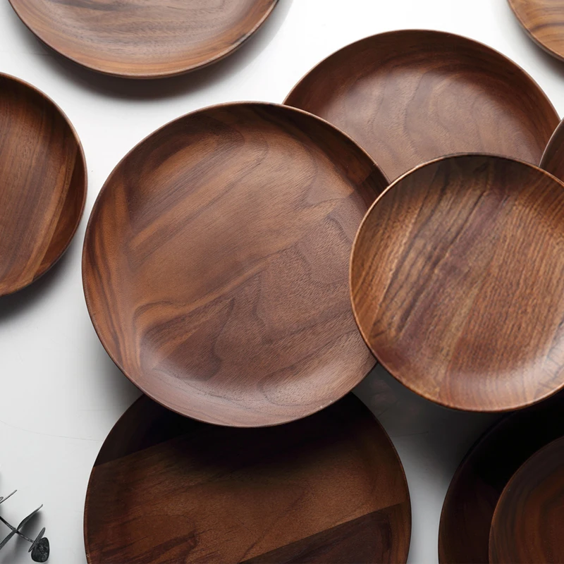 Dia 15cm 20cm Wood Dish Plates Premium Black Walnut Wooden Tableware Dishes Round Cake Dessert Serving Plate Kitchen Utensils (3)