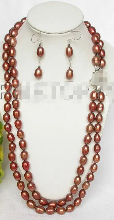 

Free shipping hot sale Women Bridal Wedding Jewelry >>22"-23" 2rows Genuine light coffee pearls necklace Earrings 925