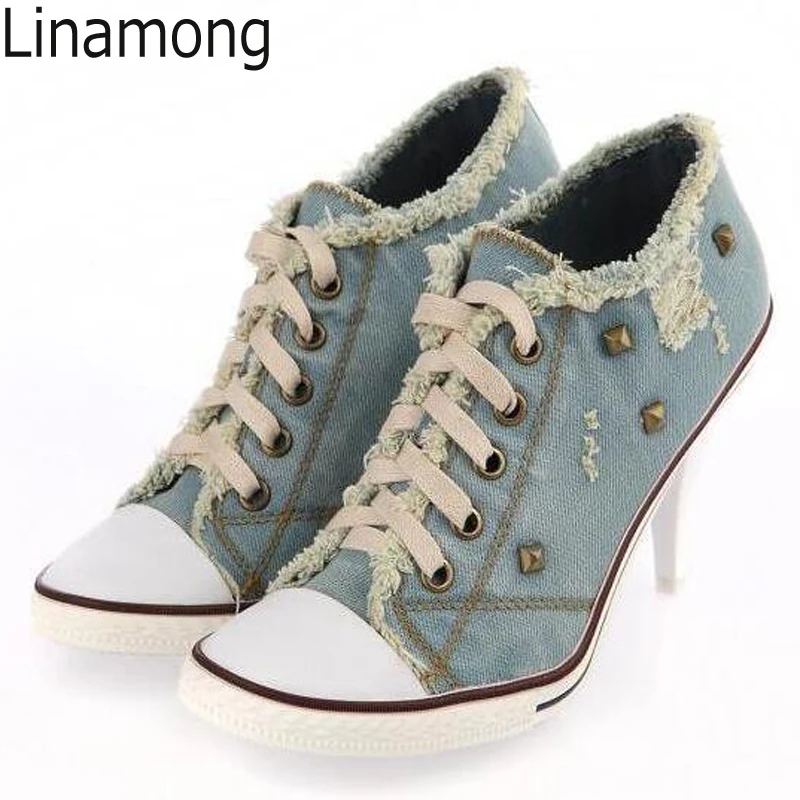 

Women Sexy Thin High Heel Lace-Up Retro Metal Rivets Studs Washable Denim Cloth Ankle Boots Fashion Jeans Casual Shoes female