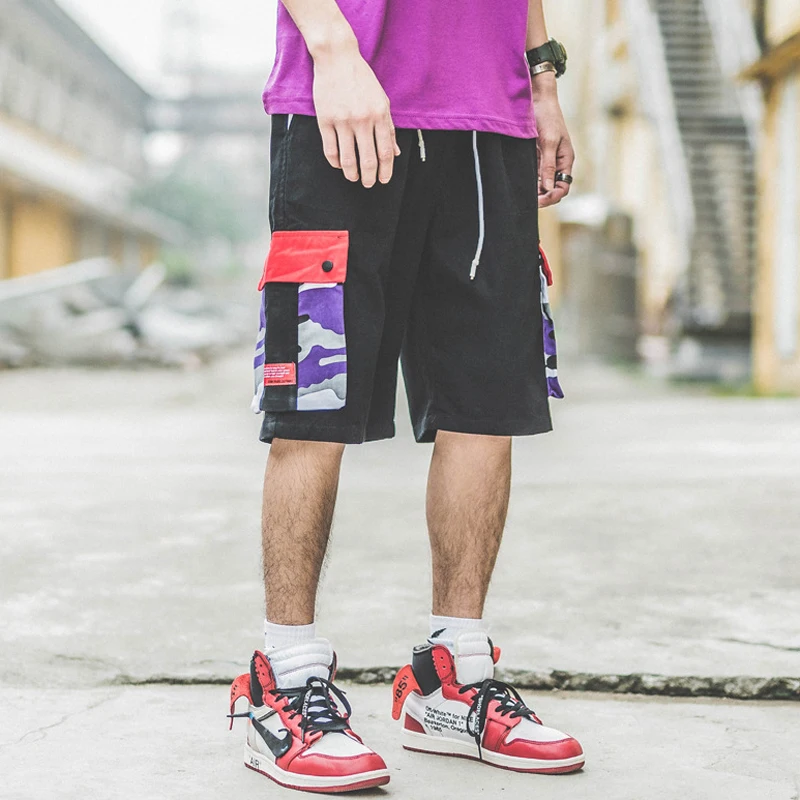 

April MOMO 2019 Men Highstreet Loose Colorful Camouflage Military Shorts Pants Streetwear Mid Multi-pockets Drawstring Shorts