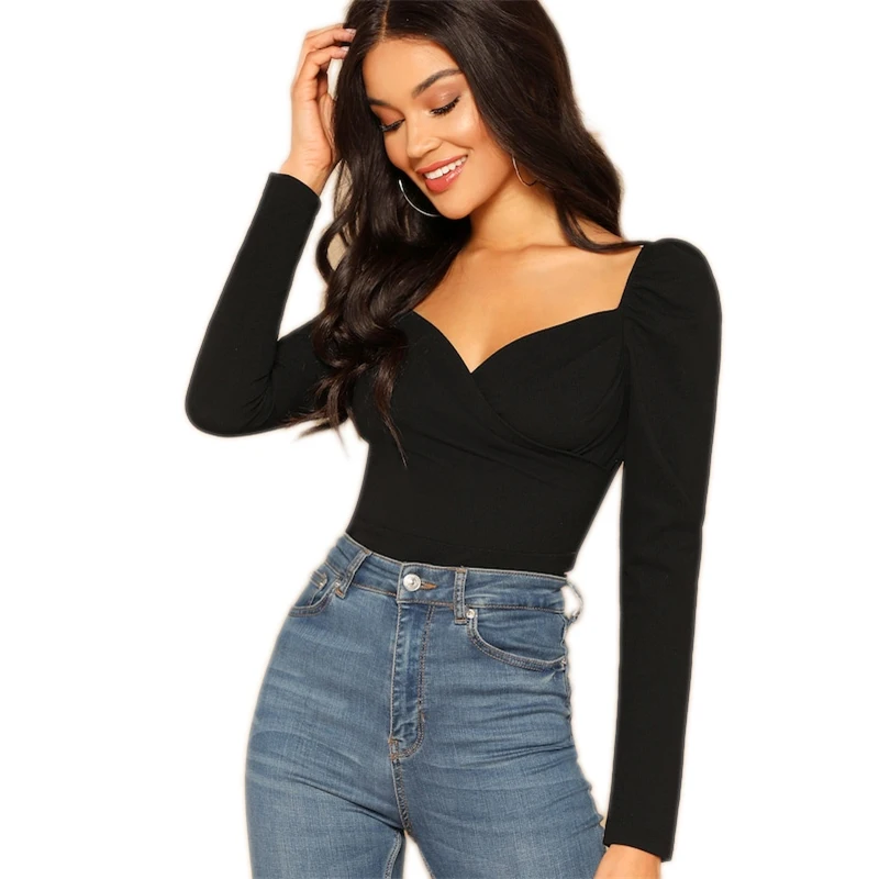 COLROVIE Black Solid Zip Back Fitted Wrap Sweetheart Elegant Blouses Women Spring Long Sleeve Shirt Sexy Office Ladies Tops