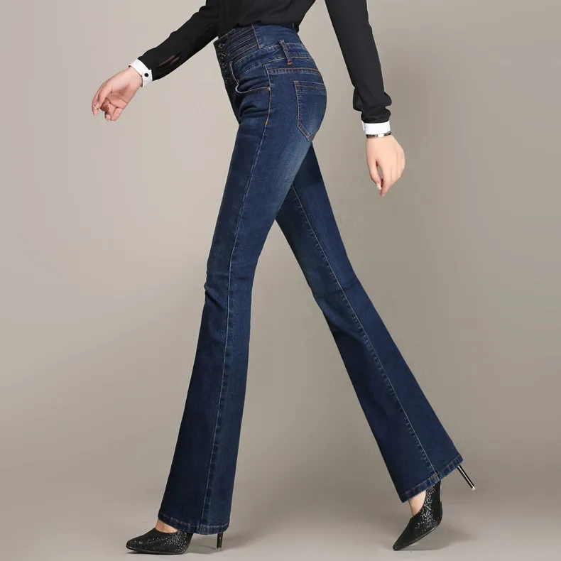 Женские джинсы с высокой талией, двубортные винтажные расклешенные брюки, модные Универсальные женские джинсы скинни, брюки длинные брюки, большие размеры