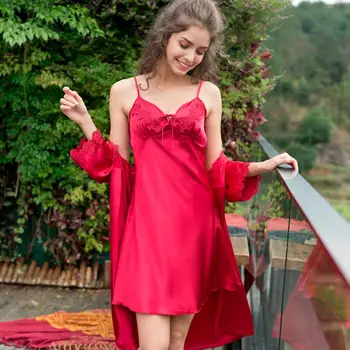 

Sexy Womens Lingerie Set Women Sleepwear Strap Nightwear Lace Underwear Nightdress Lace Trim Satin clothes Robe With Camisole