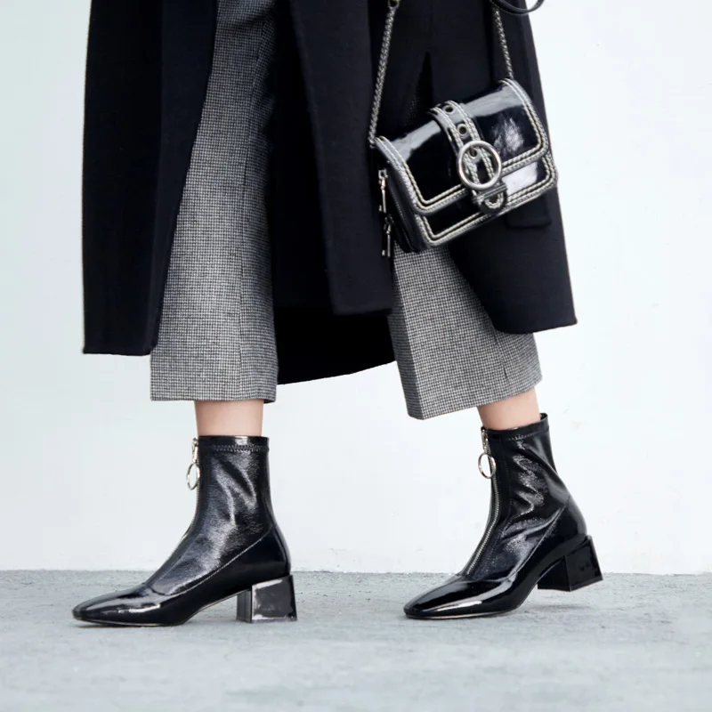 Skup Vangull ins gorące kobiety botki moda Handmade elastyczny patent leRetro kwadratowe krótkie buty zamek błyskawiczny z przodu platformy Martin buty