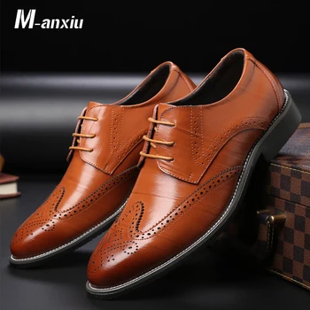 

M-anxiu Men Casual Leather Pointed Toe Shoes Wedding Lace Up Dress Bullock Shoes Fashion Business Oxford Shoes Size 38-48