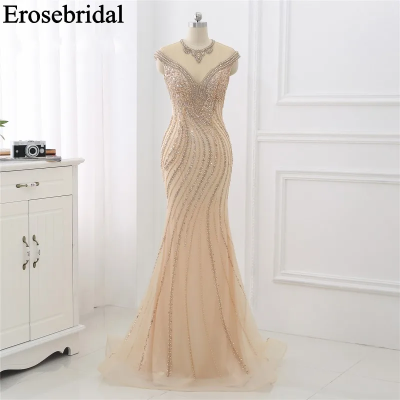 Elegant Evening Dress Long 2019 Sliver Beaded Formal Dresses Evening Gown for Women Illusion Back with Zipper robe soiree Elegant Evening Dress Long 2019 Sliver Beaded Formal Dresses Evening Gown for Women Illusion Back with Zipper robe soiree