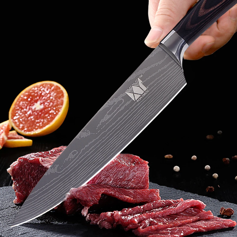 XYj японский стиль набор кухонных ножей Ультра Острый кухонный нож из нержавеющей стали лазерный дамасский узор лезвие Pakka деревянная ручка