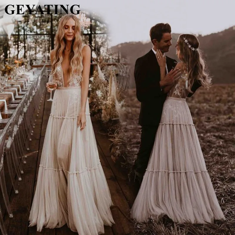 

Vestidos Novia Vintage Lace Appliques Champagne Wedding Dress Boho Beach Bridal Gowns Sexy Deep V-Neck Backless Robe de Mariee