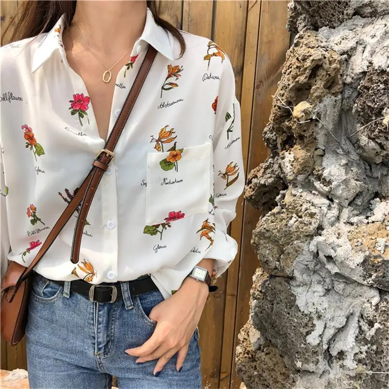 

Loose Retro Style Early Flower Print Shirt Women's Shirts Clothes Kawaii Ulzzang Vintage Female Punk Harajuku Tunic For Women