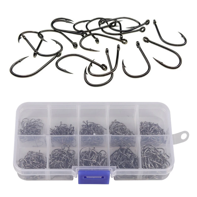 10 Different Sizes Fishing Hooks Circle Fishhook With box Bait holder Tool Accessories 500pcs Useful