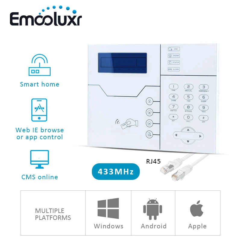 TCP IP GSM SMS APP Control Home Security Alarm System with RJ45 Ethernet Port, Luxury Touchscreen Design, High Quality