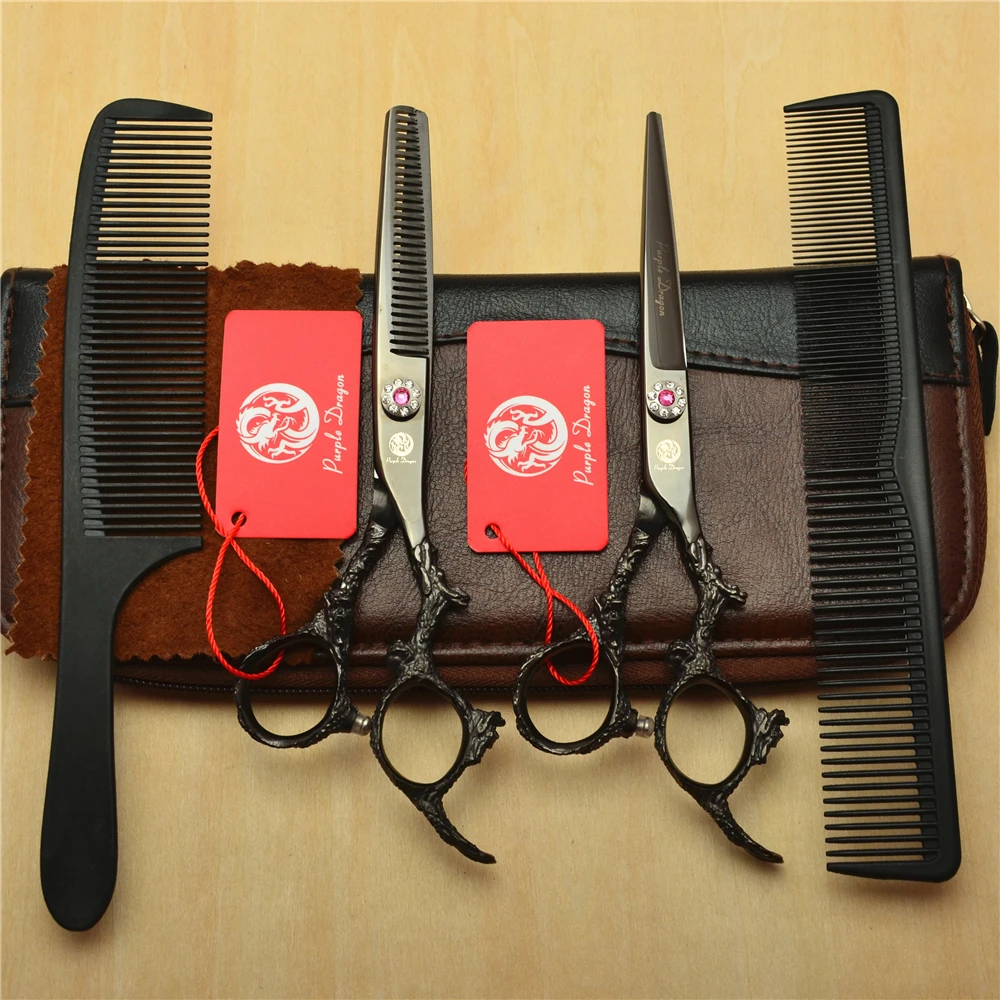 

4Pcs Suit 6'' Black Professional Human Hair Scissors Hairdressing Shears Combs + Cutting + Thinning Shears Dragon Carving H9005