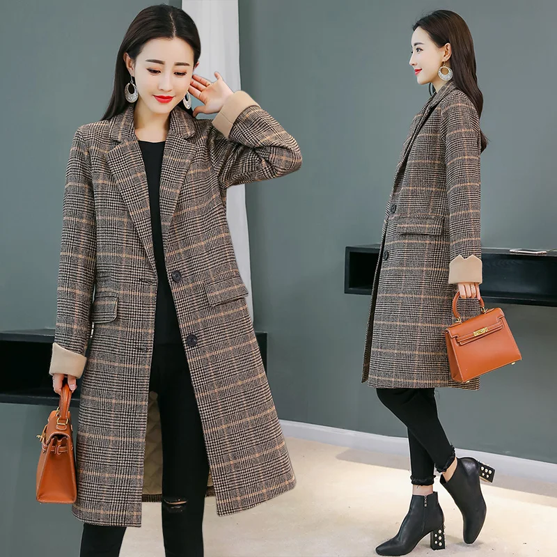 

Retro check woolen coat women's clothing 2018 new style long suit collar retro slim temperament large yards woolen coatTB18601