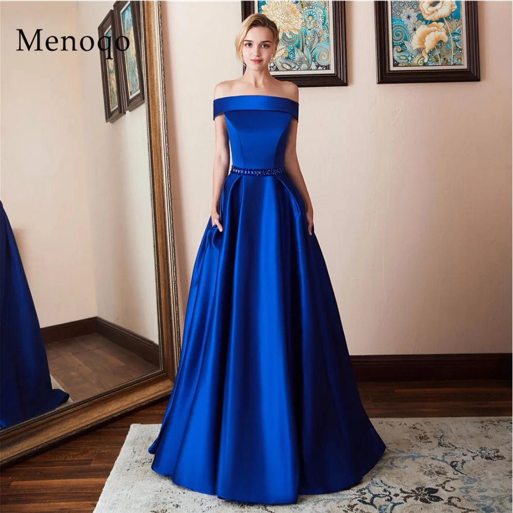 Новое поступление, элегантные вечерние платья, Vestido de Festa, атласное платье с карманами, Королевский синий цвет, платье для выпускного вечера с открытыми плечами