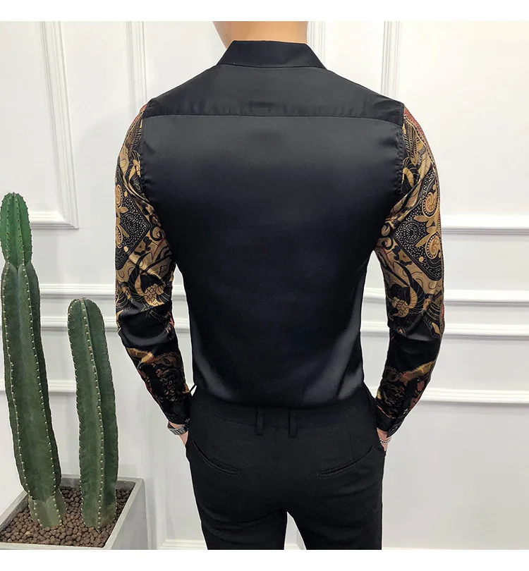 Luxury black gold shirt male new slim long sleeve petticoat fashion men's social club formal shirt evening dress