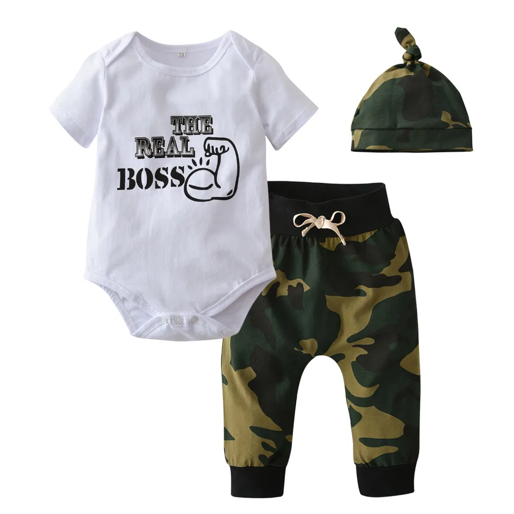 

Spring Summer Newborn Baby Boys Clothes Short sleeve Letter Romper Tops+Camouflage Pants+Hat Infant Clothing Toddler 3Pcs Set