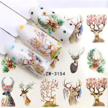 

ZKO 1PC Nail Stickers Animal Series Water Decal Deer Plant Pattern 3D Manicure Sticker Nail Art Decoration