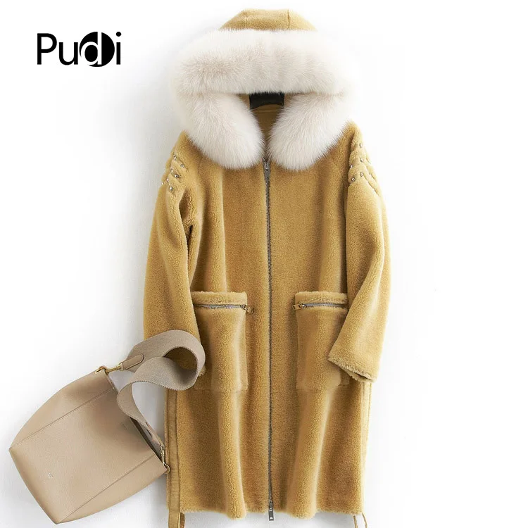 

PUDI B181090 women's winter warm real wool fur jacket with hood fox collar leisure girl coat lady jacket overcoat