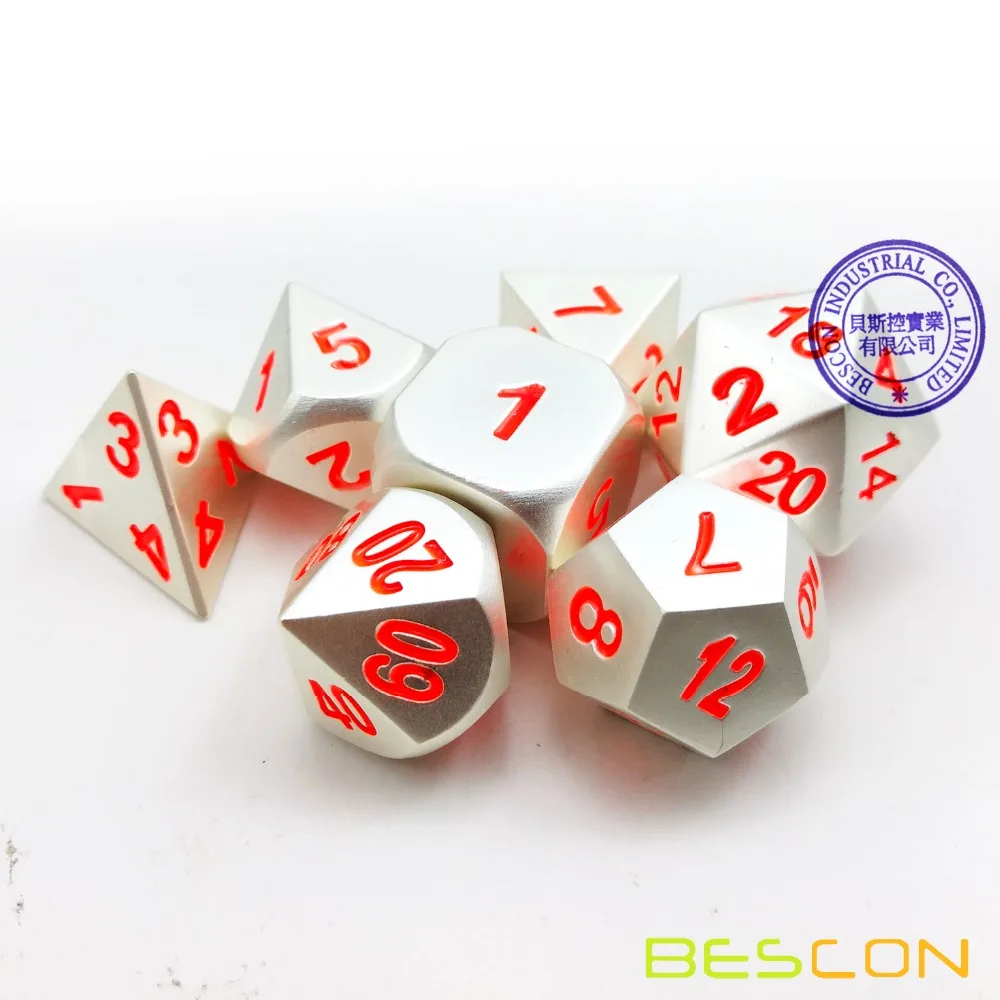 Bescon 7 шт. набор твердых металлических многогранных D& D игральных костей, набор матовых серебряных с оранжевыми цифрами, металлические ролевые игры, Набор Игральных кубиков