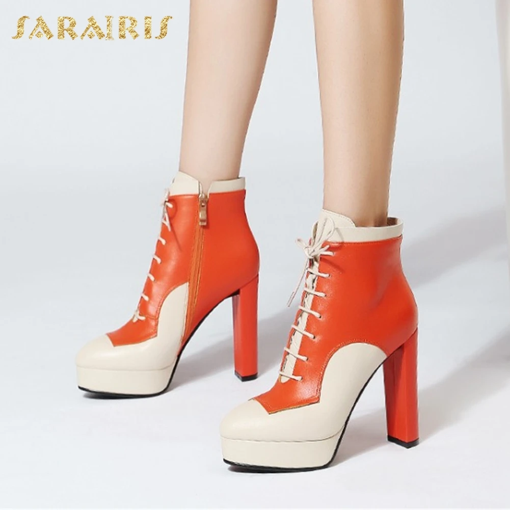 

SARAIRIS 2018 Genuine Leather Platform Lace Up Ankle Boots Woman Shoes Chunky High Heels Cow Leather Shoes Woman Boots