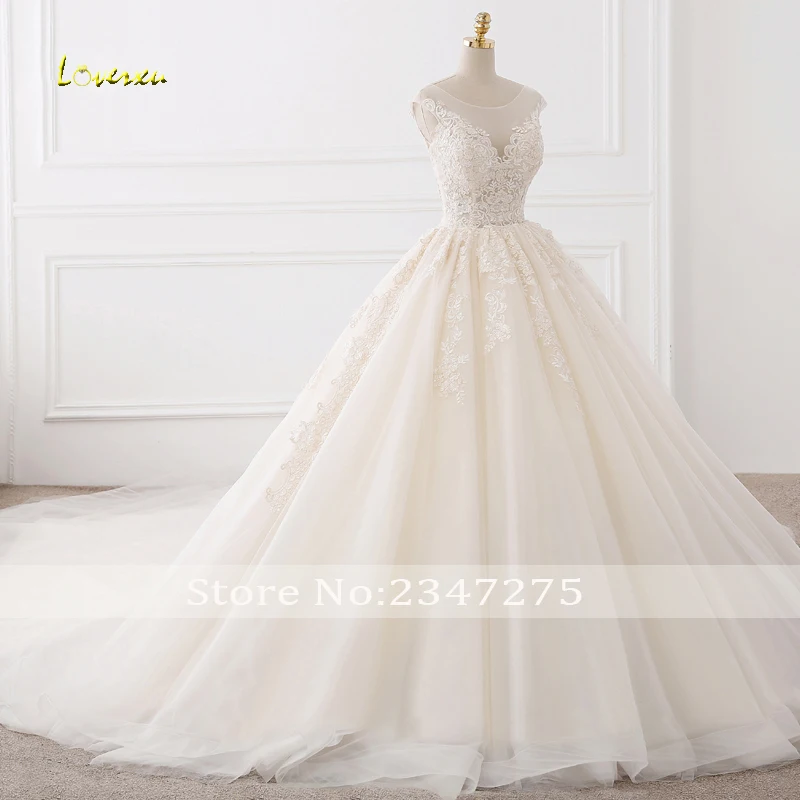 Loverxu Vestido De Noiva винтажное бальное платье Свадебные платья круглый вырез с коротким рукавом Королевский поезд аппликации кружевное свадебное платье