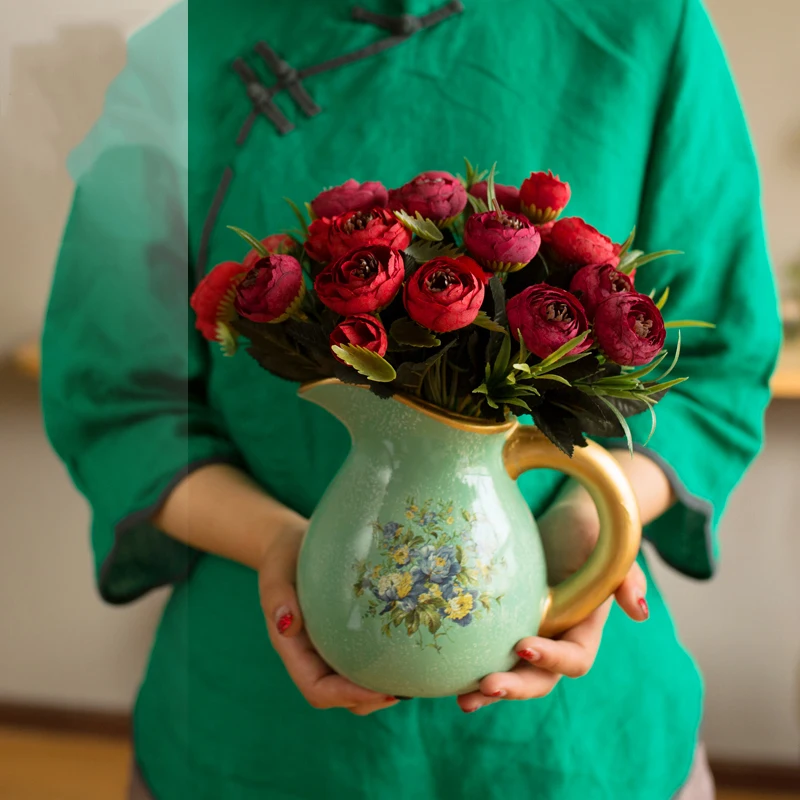 

Modern Ceramic Vase+Artificial Flower Set Figurines Livingroom Silk Fake Flower Pot Ornaments Home Furnishing Crafts Decoration