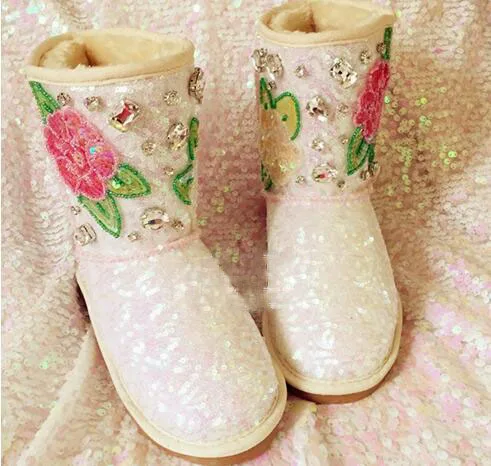 New Designer Women Shoes string bead crystal boots pretty sweet white snow boots winter Keep warm women shoes flat ankle boots