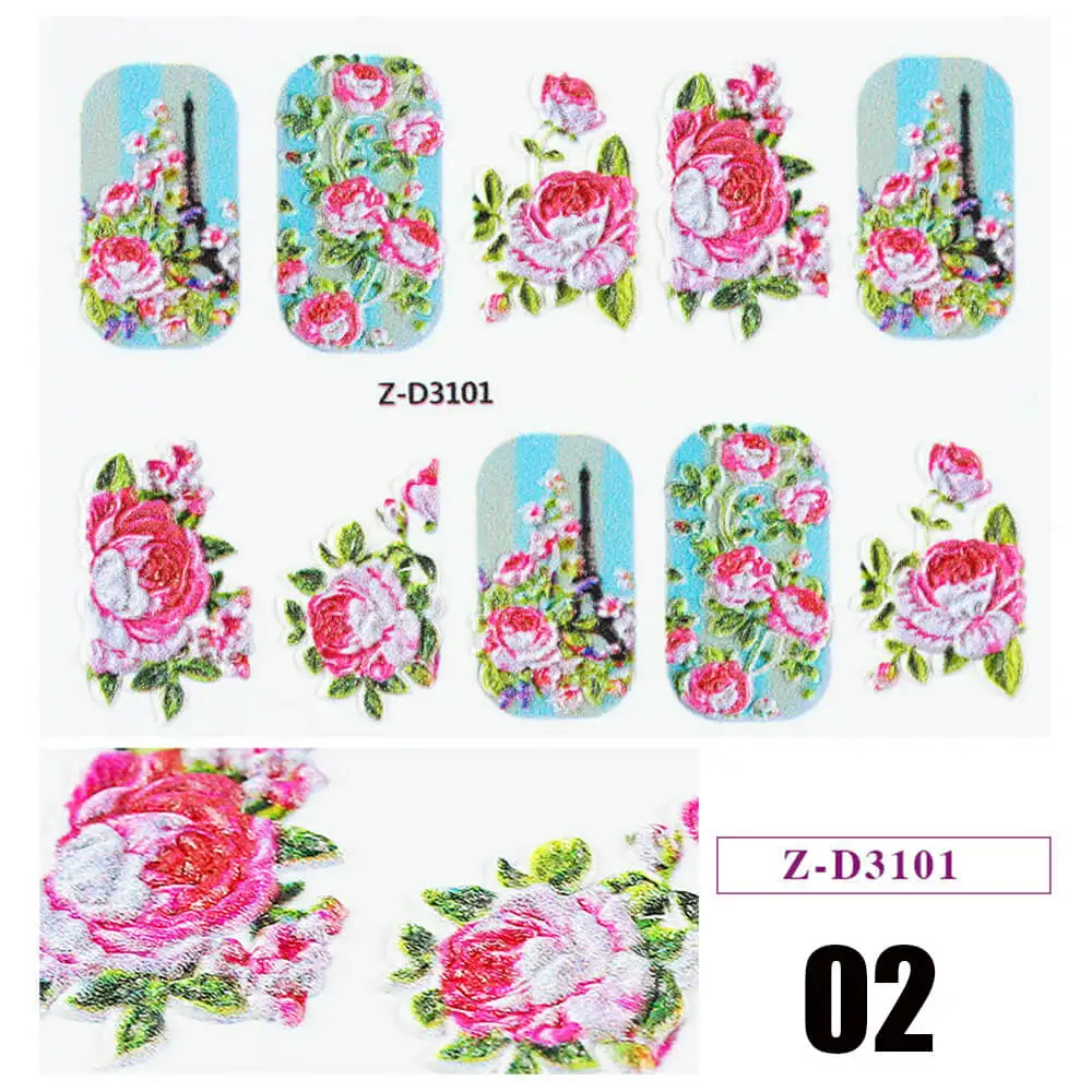 1pc 5D Acrylic Engraved Flower Nail Sticker Embossed Flower Water Decals Empaistic Nail Water Slide Decals 22 Styles DIY Nail Ar - Цвет: 02