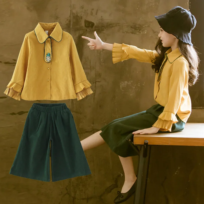 

Korean Baby Clothes Set For Girls 3 4 5 6 7 8 9 10 11 Year 2018 New Fashion Long Sleeve Yellow Top + Wide Leg Pant 2pcs Clothing