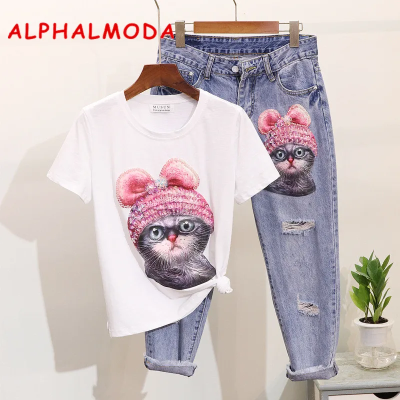 ALPHALMODA весна 2019 Милая футболка с коротким рукавом расшитая бисером и блестками