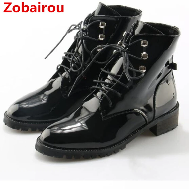 Botines de charol con cordones para mujer, botas planas punk, informales, estilo para motocicleta, color negro, 2018|chelsea boots|ankle boots for for woman - AliExpress