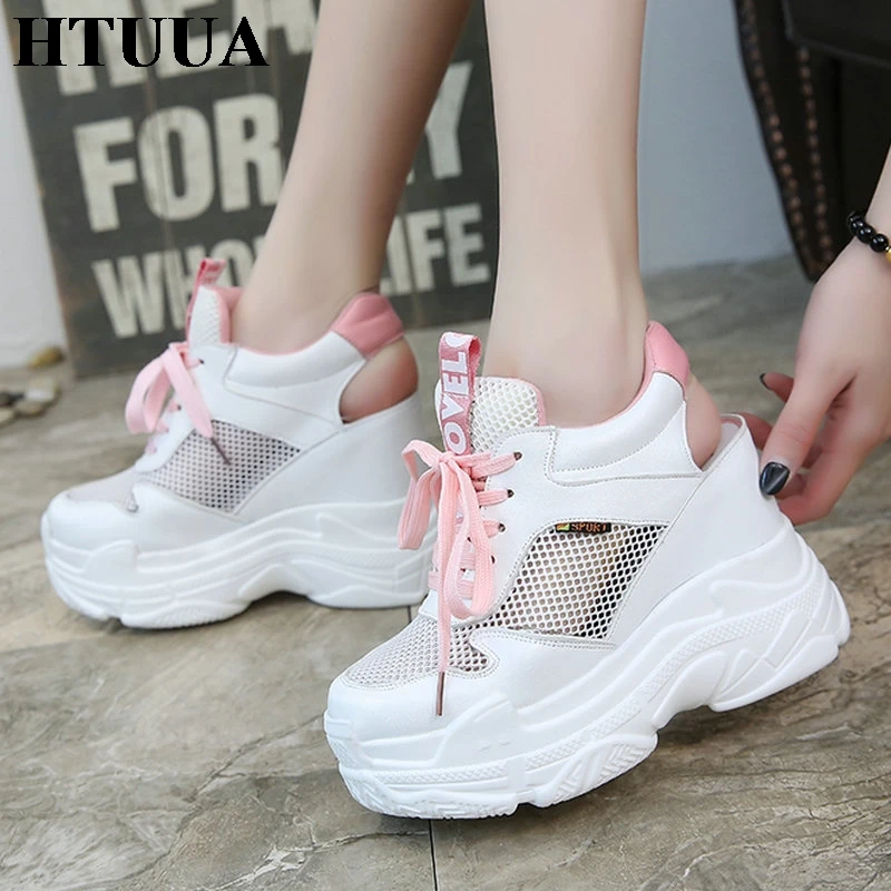 

HTUUA Women Sandals 2019 Summer Casual Shoes Woman Platform Sneakers Hollow Out Wedges Gladiator Sandals High Heels SX2642