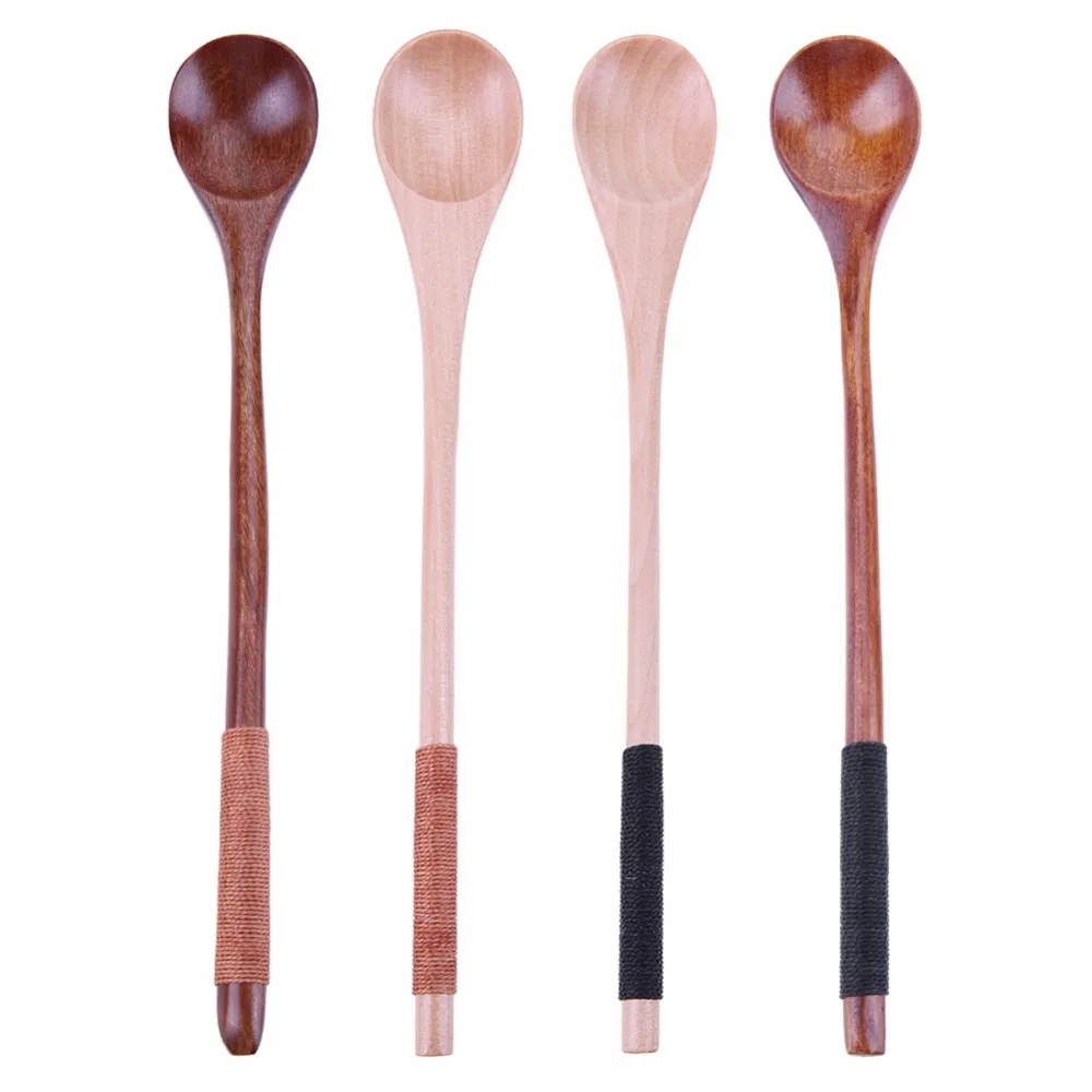 5pcs Long Handle Wooden Spoons Dessert Coffee Stirring Spoon Natural